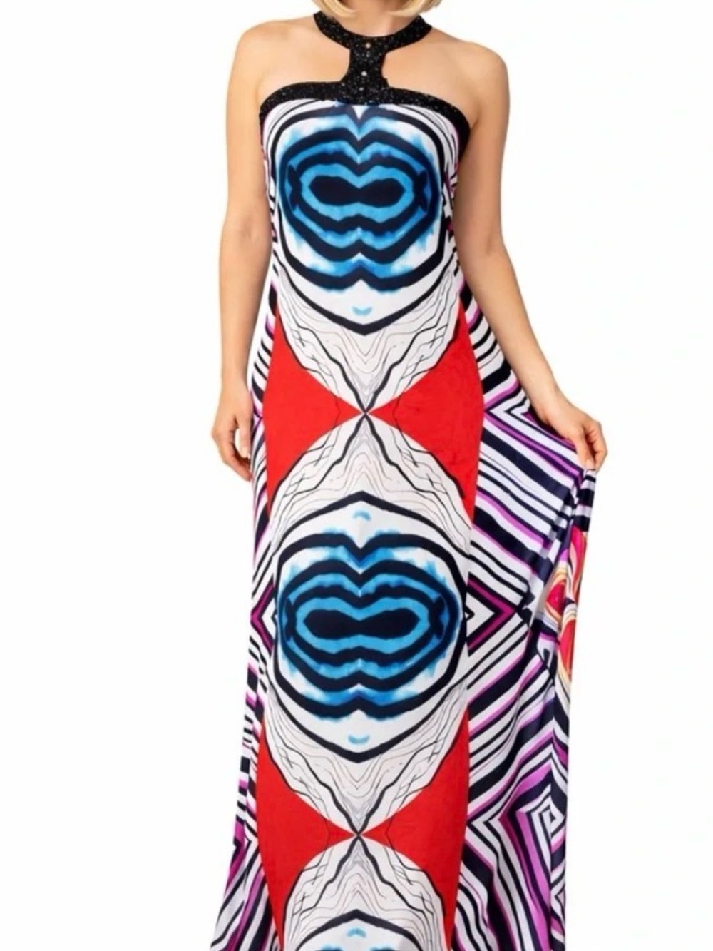 VTG Authentic icon size small halter abstract print maxi dress multicolored